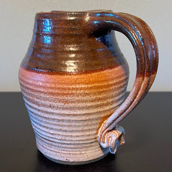 Handcrafted Hand Thrown Studio Clay Pottery Rounded & Ribbed Water Pitcher - Picture 2 of 16